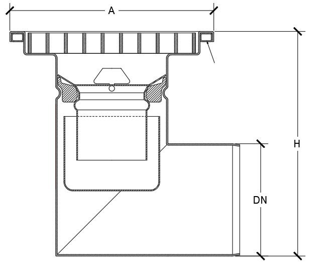 Croquis con cotas de sumidero industrial acero inoxidable telescópico salida horizontal