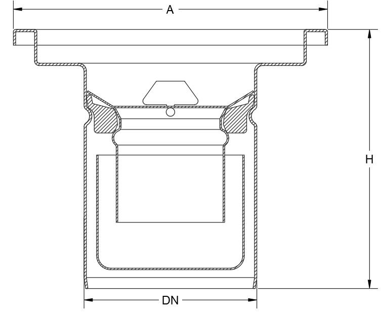 Croquis acotado de sumideros industriales de acero inoxidable de baja altura con salida vertical
