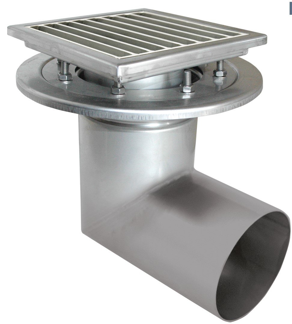 Sumidero de acero inoxidable industrial telescópico con salida horizontal Inza EXCHBAT para instalación en forjados. Con anillo para unión a tela de impermeabilización