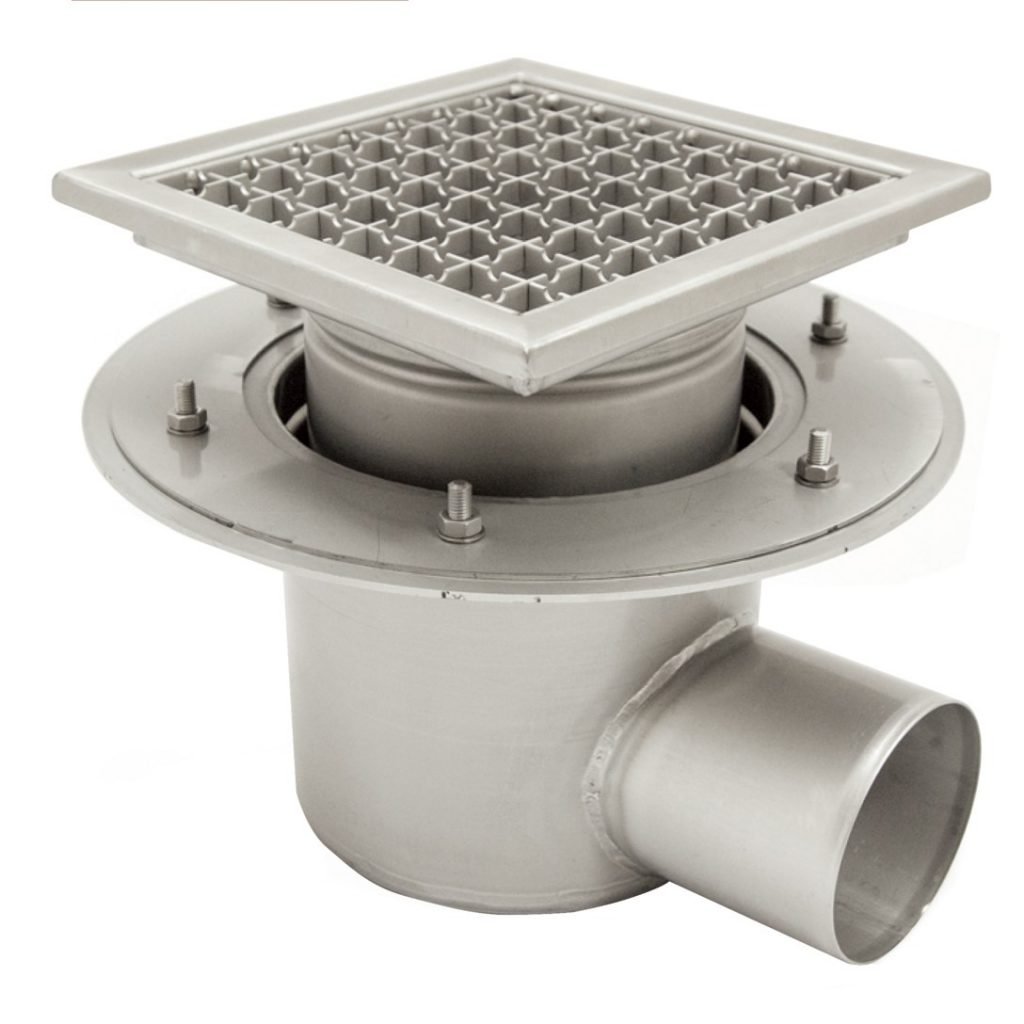 Sumidero de acero inoxidable industrial, telescópico, con salida horizontal para instalación en un forjado. Con soporte para unir a la impermeabilización
