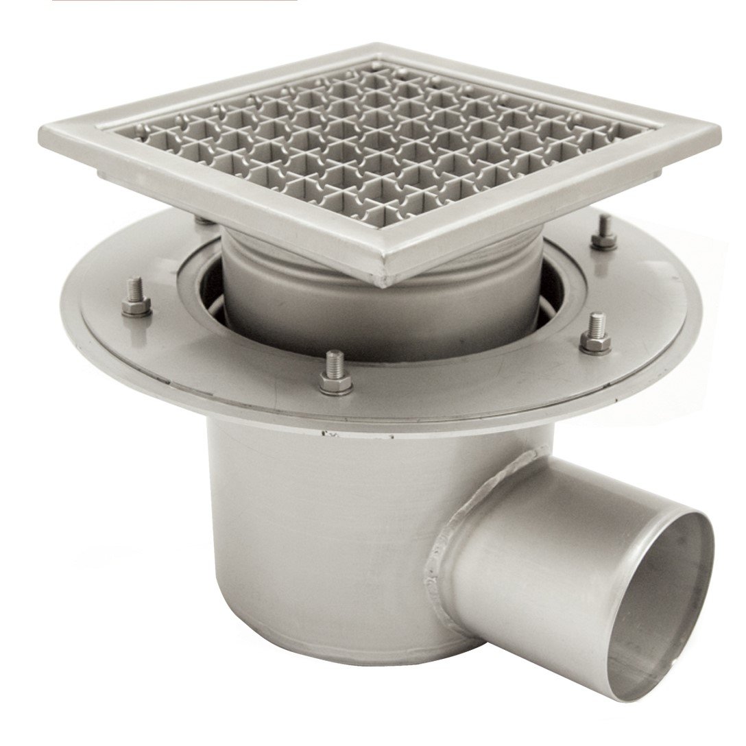 Industrieller Teleskopablauf aus Edelstahl mit horizontalem Abgang für die Installation in einer Decke. Mit Halterung zur Verbindung mit der Abdichtung