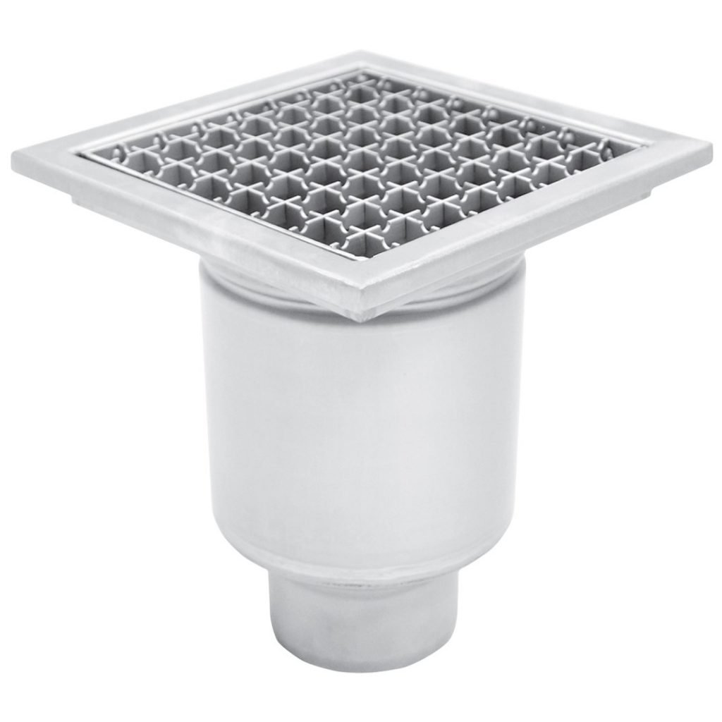 Ralo de aço inoxidável industrial com saída vertical.