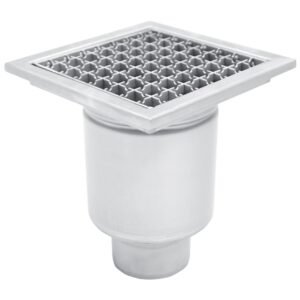 Sumidero de acero inoxidable industrial con salida vertical.