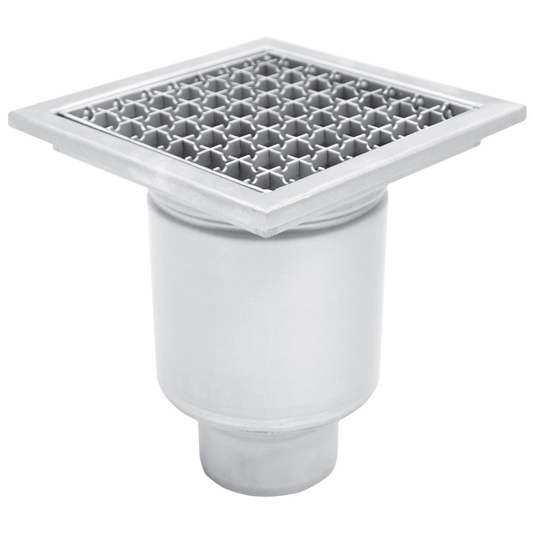 Sumidero de acero inoxidable industrial con salida vertical.