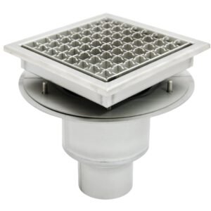 Sumidero de acero inoxidable industrial, telescópico, con salida vertical para instalación en un forjado. Con soporte para unir a la impermeabilización