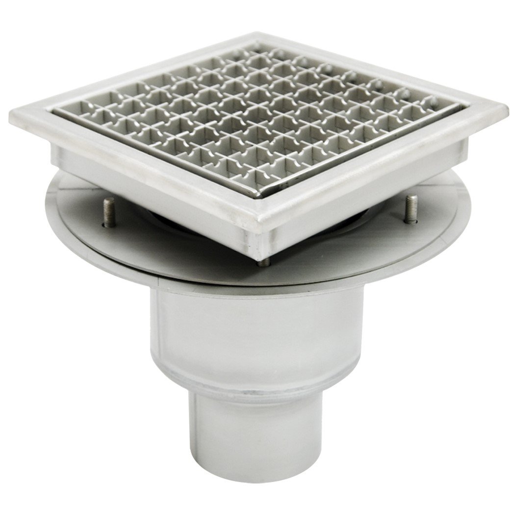 Sumidero de acero inoxidable industrial, telescópico, con salida vertical para instalación en un forjado. Con soporte para unir a la impermeabilización