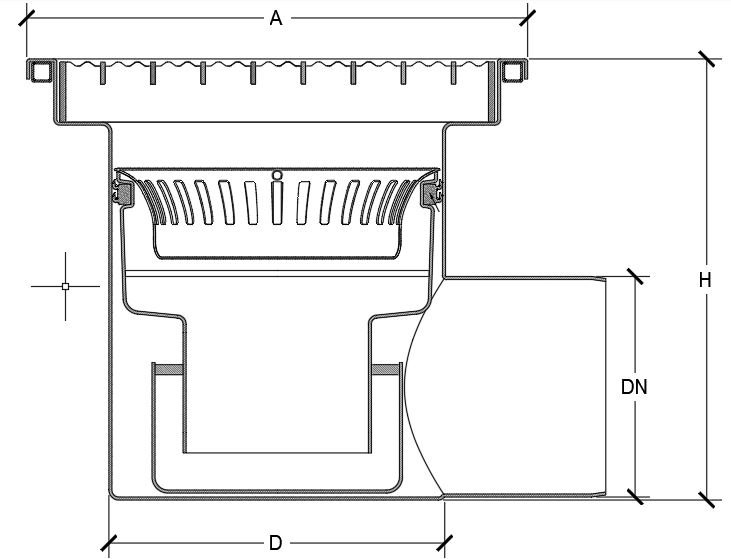 Croquis cotado de ralos industriais de aço inoxidável com saída horizontal