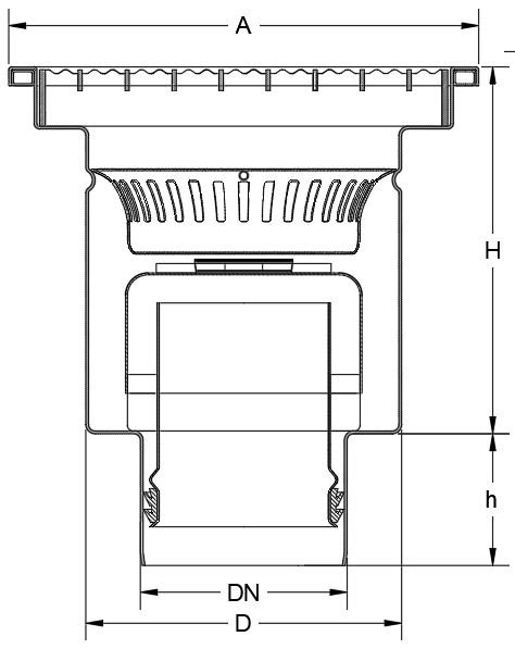Croquis cotado de ralos industriais de aço inoxidável com saída vertical