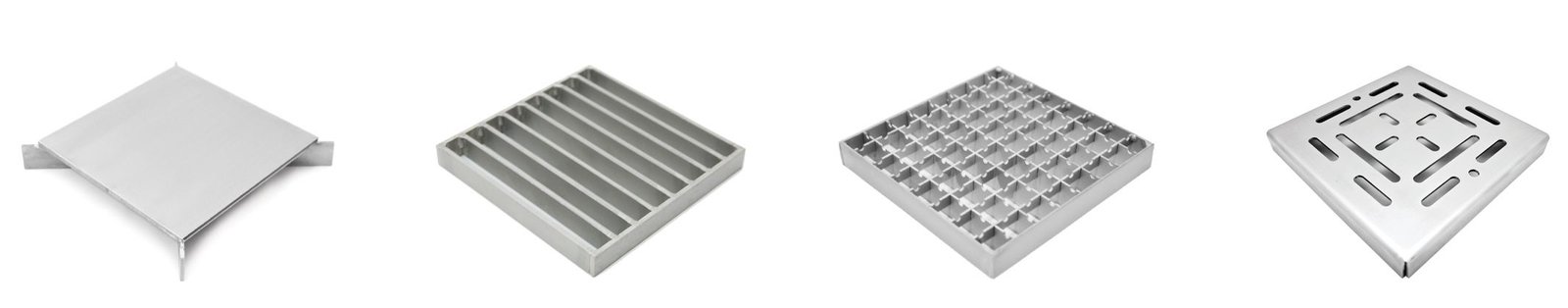 Tipos de rejas de acero inoxidable para sumideros industriales. Reja ranurada, reja de barras, reja entramada antideslizante y reja perforada