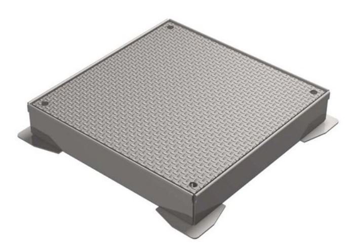 Tapa de registro estanca de acero inoxidable INZA con superficie antideslizante tipo chapa palillo, damero, lagrima, máxima seguridad y sellado anti-olores para pavimentos industriales