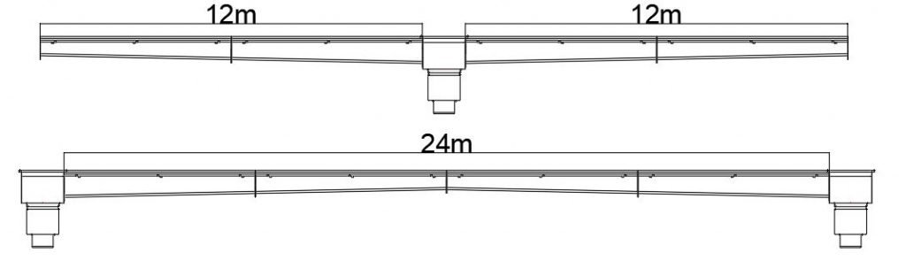 Gráfico de configuración de pendiente continua de 0,5% a 2% en líneas de canalinas o vanales ranurados modulares de acero inoxidable INZA SR 160