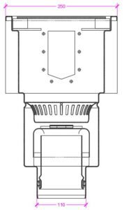 Sumidero industrial de acero inoxidable INZA con recrecido superior para conexión modular y evacuación de canales con rejilla
