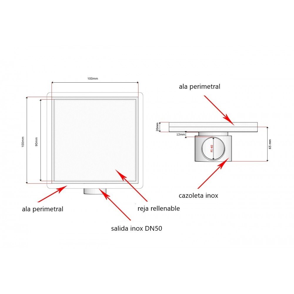 plano dimensiones sumidero de acero inoxidable INZA SM