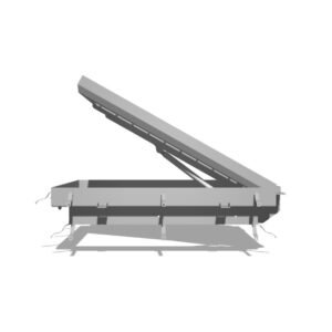 Tapa de arqueta estanca rellenable de acero inoxidable INZA, diseñada para registro de depuradoras de piscinas y zonas peatonales para pavimentar con el mismo suelo de alrededor con apertura asistida por pistones para poder levantarla sin ningún esfuerzo