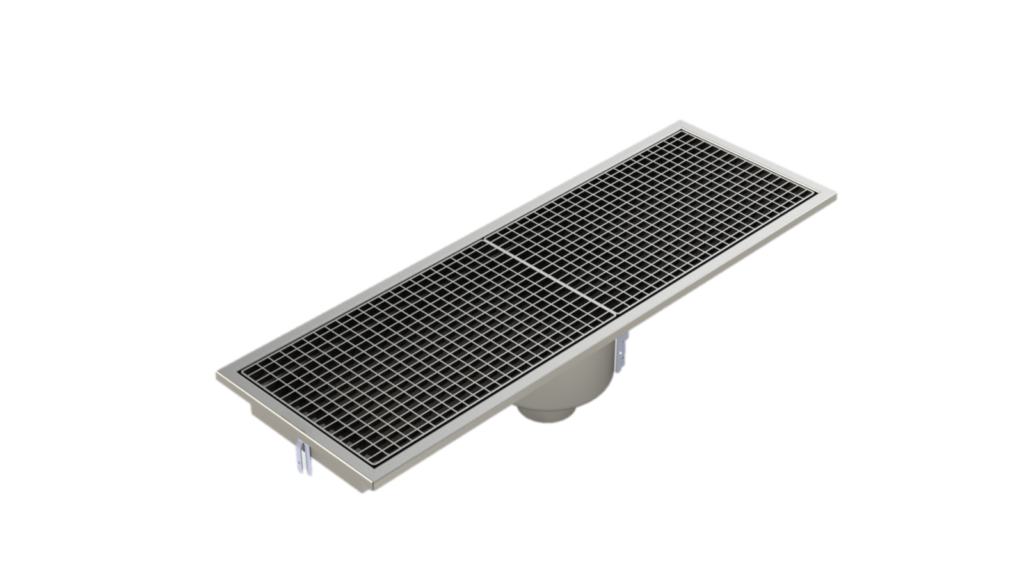 Canal rectangular con rejilla y sumidero incorporado con un diseño higiénico sin ángulos muertos que facilita la limpieza, mientras que el sistema modular permite una instalación rápida y personalizada