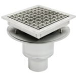 Sumidero sifónico redondo con rejilla cuadrada de acero inoxidable INZA para drenaje higiénico, antiolores, ideal para pavimentos de industria alimentaria, laboratorios y cocinas industriales