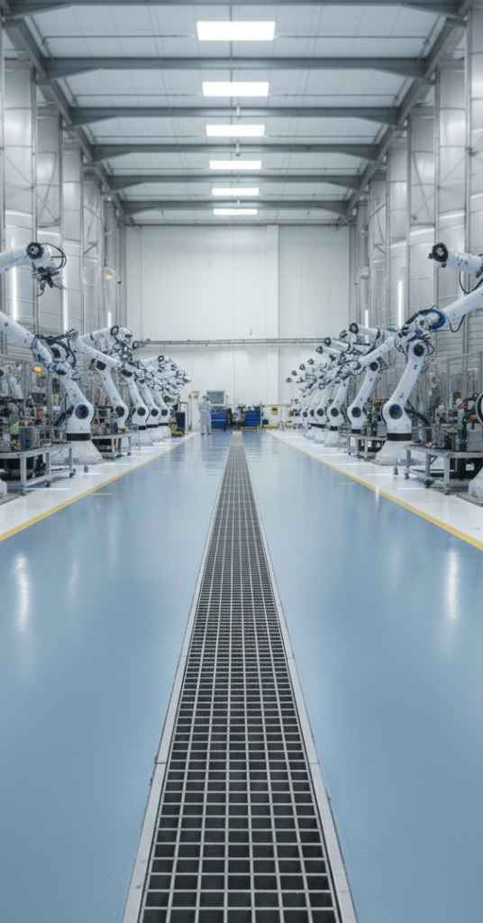 Canal de drenaje con rejilla industrial de acero inoxidable INZA, alta capacidad de carga para tráfico pesado en plantas de todo tipo de producción y plataformas logísticas