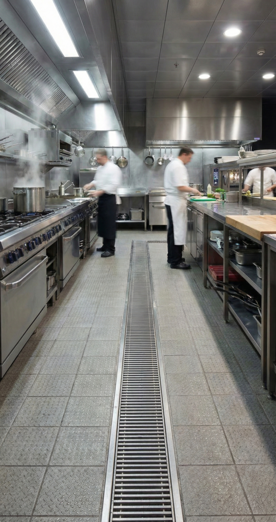 Canaleta de acero inoxidable INZA con rejilla antideslizante para cocinas industriales, diseño higiénico de fácil limpieza según normativas de la industria alimentaria