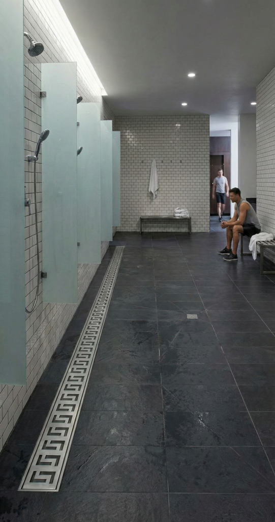 Canal de ducha lineal de acero inoxidable INZA con rejilla de diseño para vestuarios, hospitales y zonas de aguas, alta capacidad de evacuación y estética premium