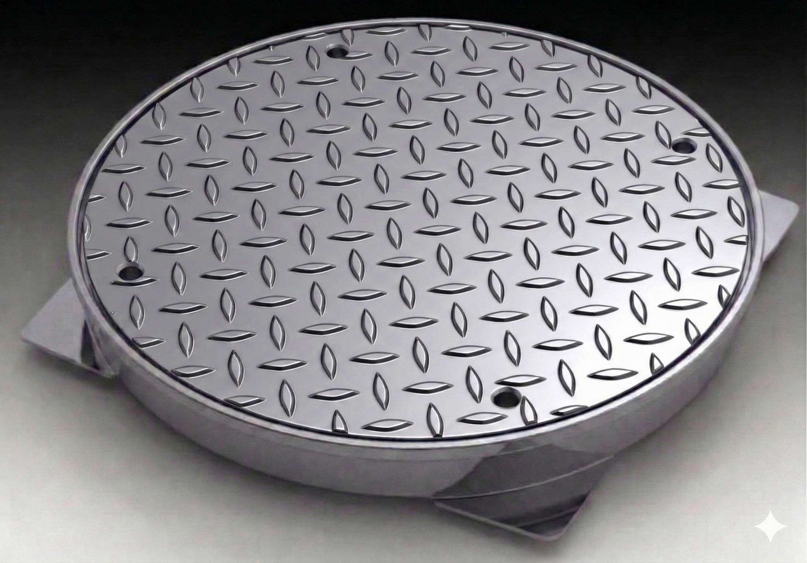 tapa estanca antideslizante redonda de acero inoxidable para sistemas de drenaje industrial y alimentario. Registro estanco circular de acero inoxidable liso. Tapa de inspección para saneamiento industrial o residencial diseñada para evitar olores y garantizar la estanqueidad en zonas con altos requisitos de higiene