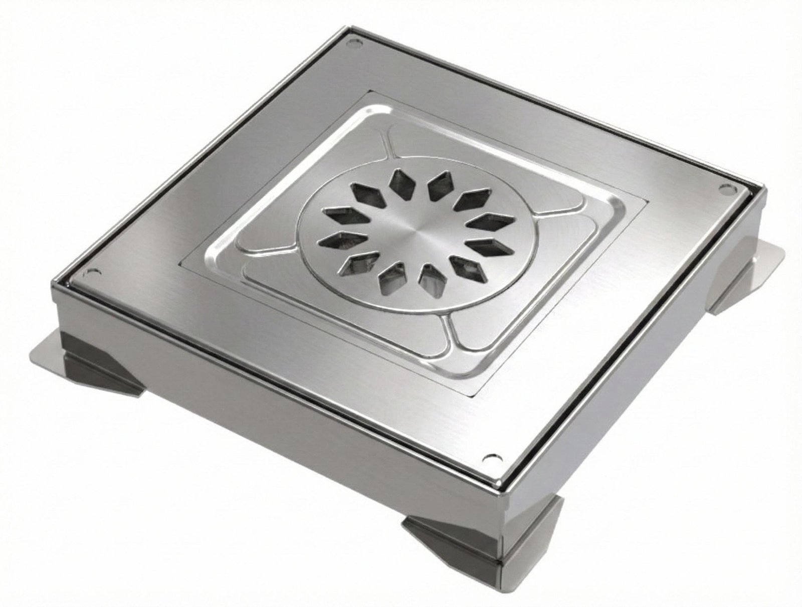 Tapa estanca lisa de acero inoxidable con sumidero sifónico central y rejilla para sistemas de drenaje industrial y alimentario. Registro estanco de acero inoxidable liso con desagüe sifónico. Tapa de inspección para saneamiento industrial diseñada para evitar olores y garantizar la estanqueidad en zonas con altos requisitos de higiene