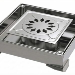 Tapa estanca rellenable de acero inoxidable con sumidero sifónico central y rejilla para sistemas de drenaje industrial y alimentario. Registro estanco de acero inoxidable rellenable con desagüe sifónico. Tapa de inspección para saneamiento industrial diseñada para evitar olores y garantizar la estanqueidad en zonas con altos requisitos de higiene