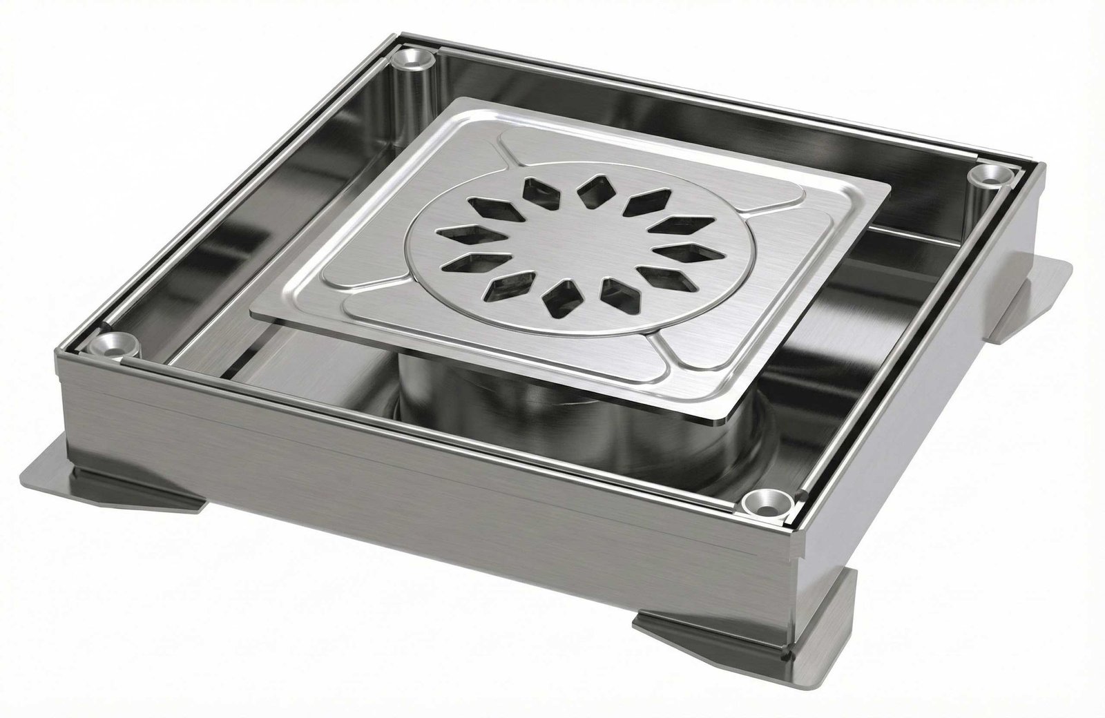 Tapa estanca rellenable de acero inoxidable con sumidero sifónico central y rejilla para sistemas de drenaje industrial y alimentario. Registro estanco de acero inoxidable rellenable con desagüe sifónico. Tapa de inspección para saneamiento industrial diseñada para evitar olores y garantizar la estanqueidad en zonas con altos requisitos de higiene