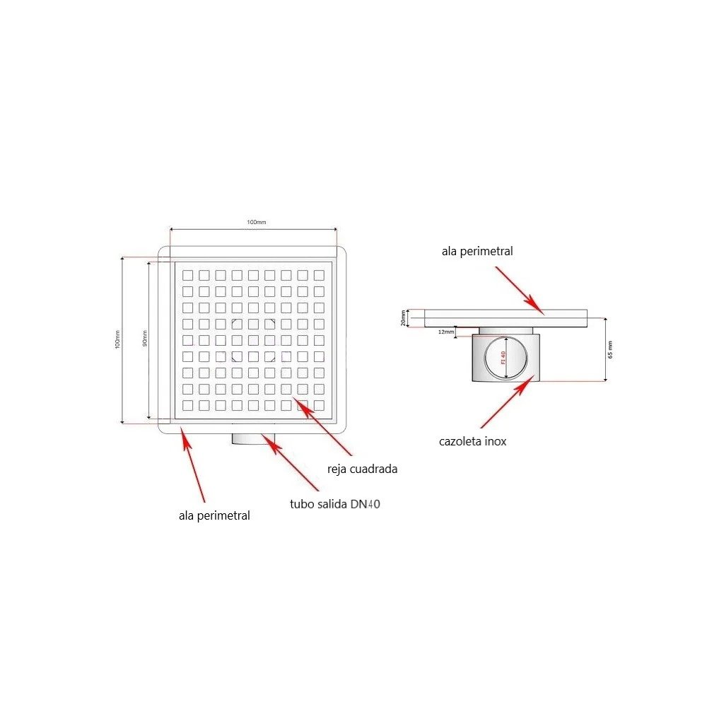 Dimensions du siphon de sol inox INZA SM